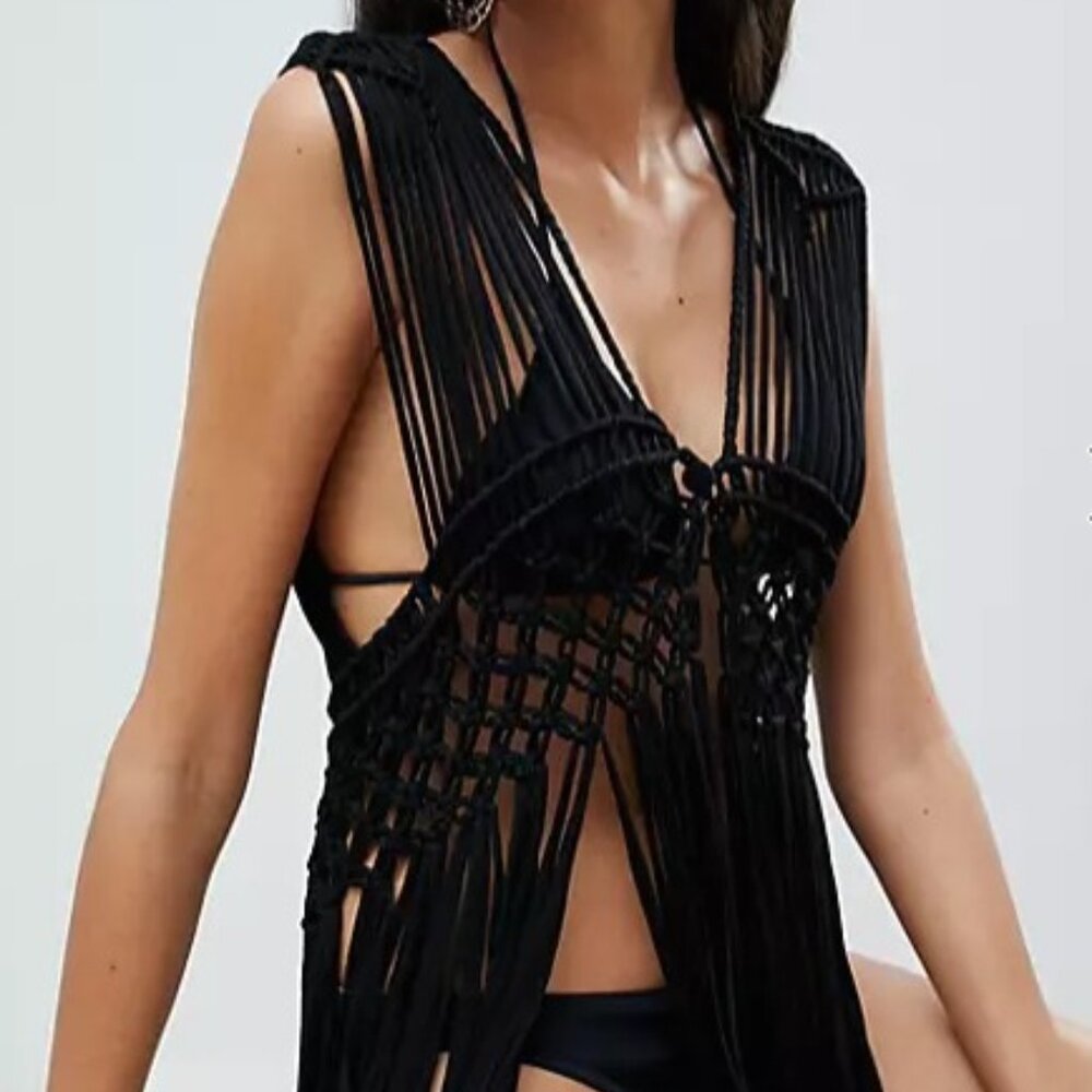 ASOS DESIGN macrame fringed festival Jersey kimono in black